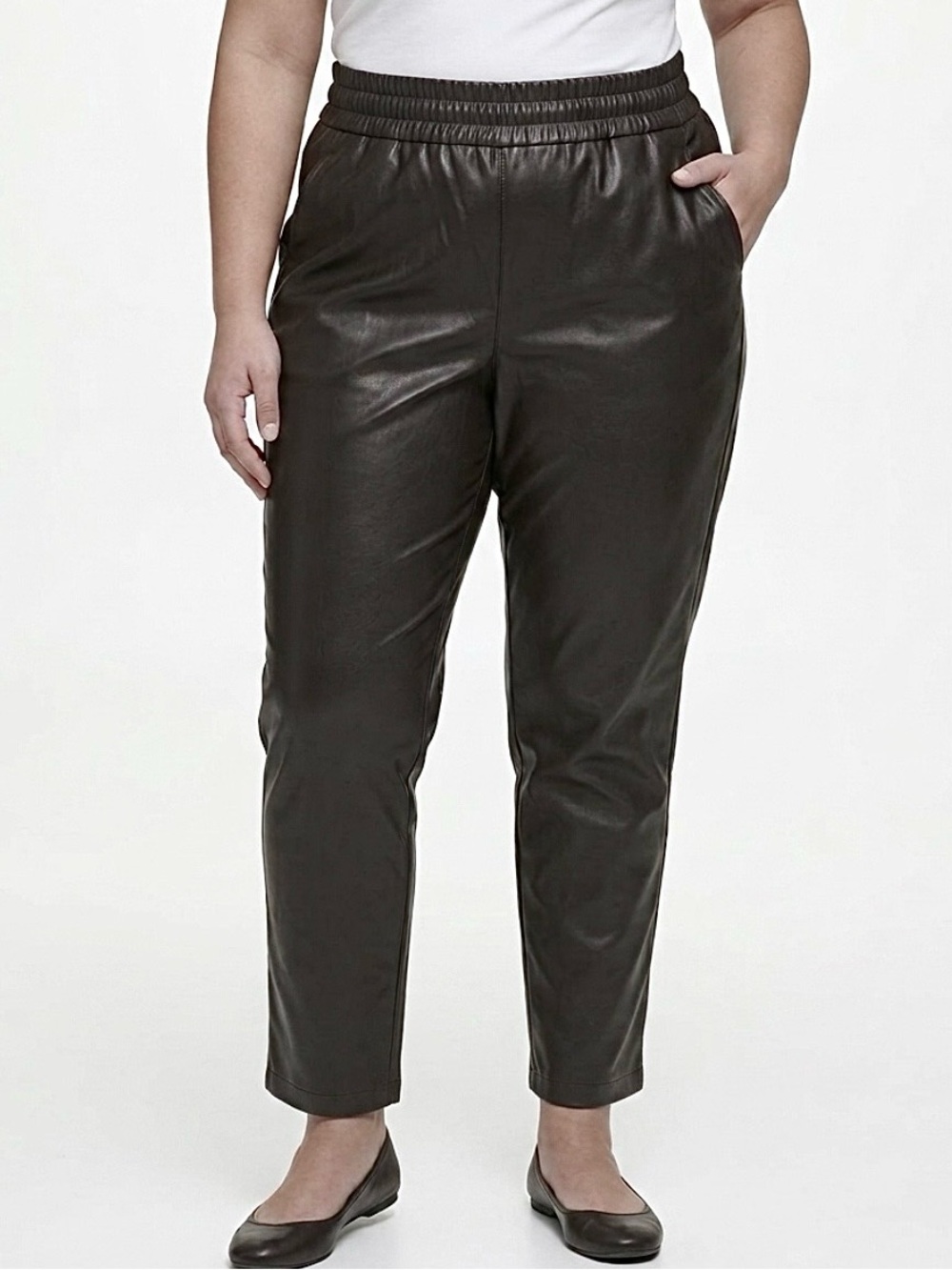 NWT DKNY Black Faux Leather Pants Womens Size XL Pull On Cropped Ankle Joggers